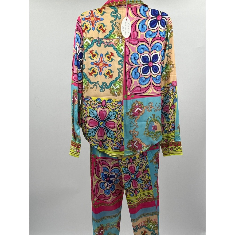 BanJul Women Multi-Color Baroque Floral Print 2-Piece Satin Lounge Set Size S - Picture 6 of 16